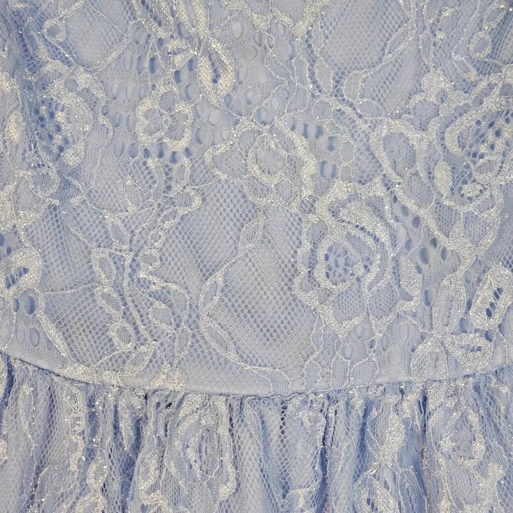 Girls Light Blue Metallic Floral Lace Cap‎ Sleeve Party Dress Fit and Flare